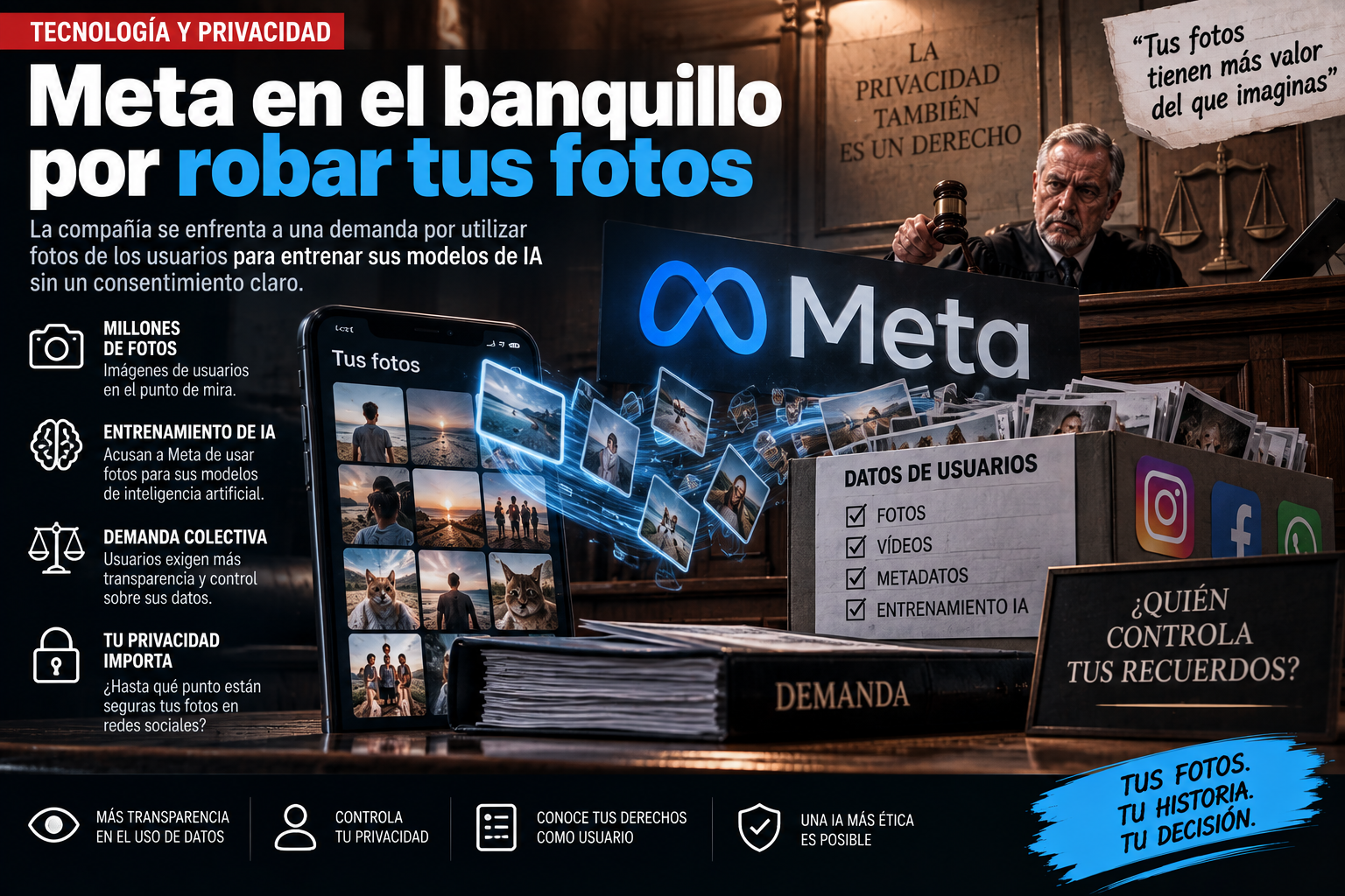 Ilustración sobre la demanda contra Meta por entrenar IA con fotos