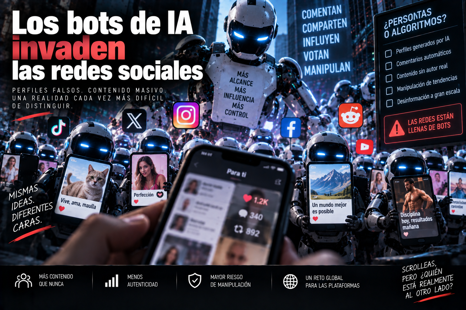 Ilustración sobre bots de IA en redes sociales y el fenómeno slop