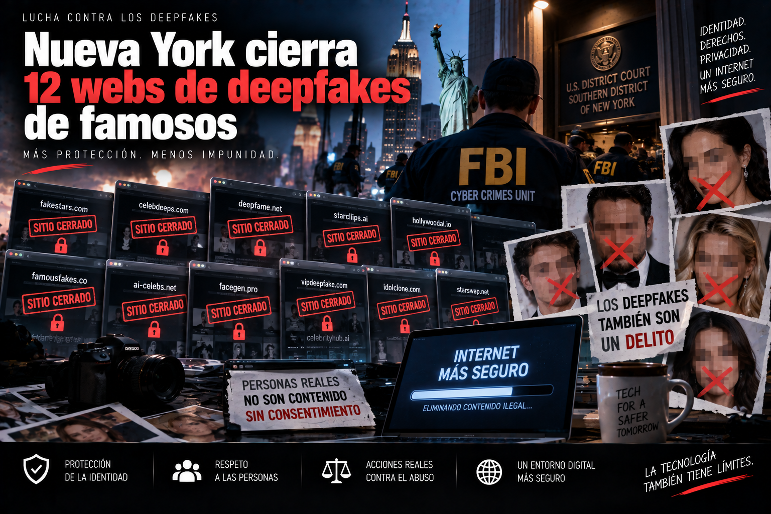 Ilustración sobre deepfakes de famosos y la fiscalía de Manhattan