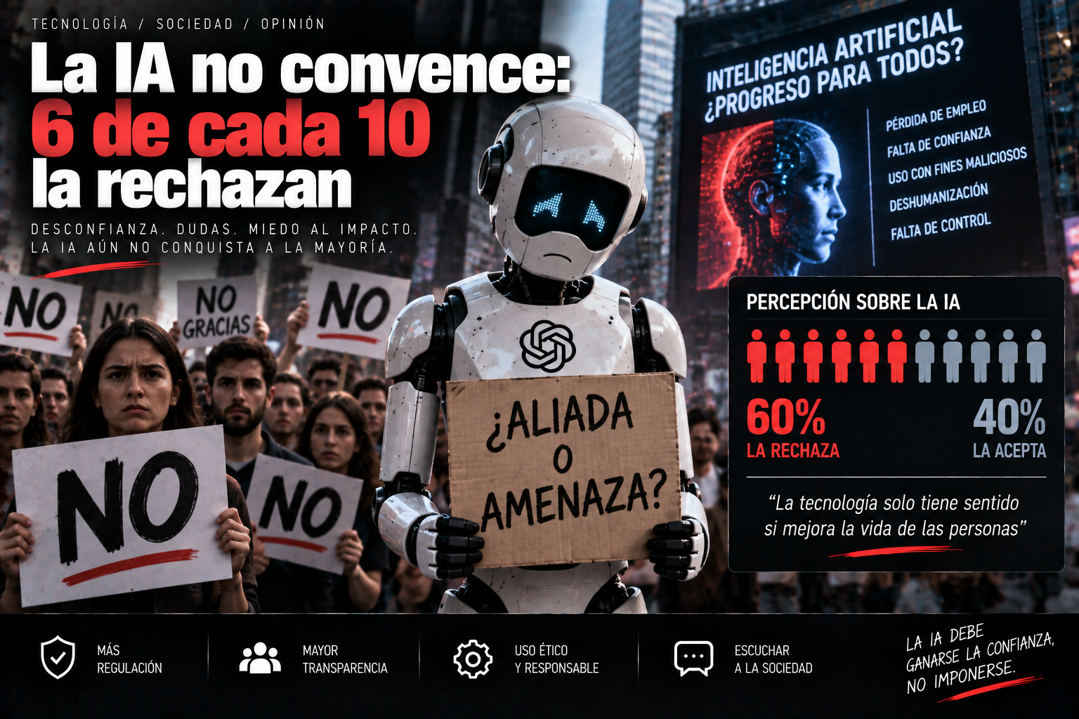 Ilustración sobre el rechazo social a la IA y los centros de datos