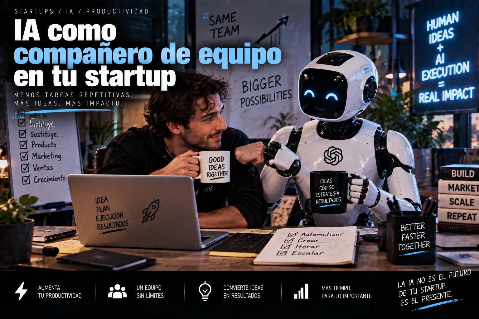 Ilustración sobre agentes de IA en el equipo de una startup