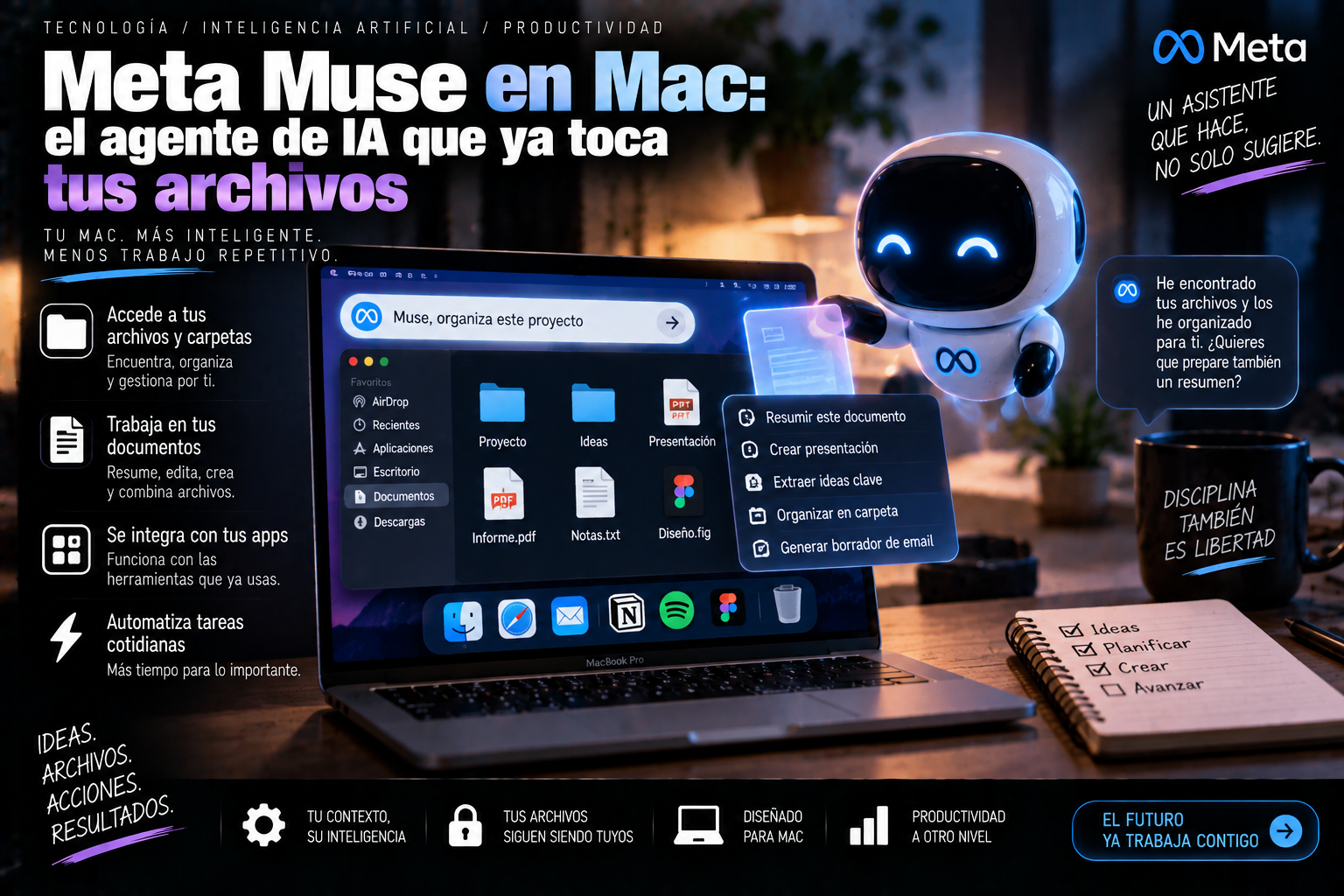 Ilustración sobre Meta Muse en Mac y el agente de IA que gestiona archivos