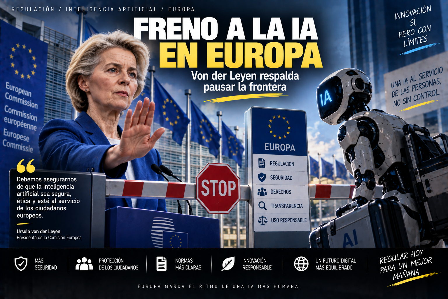 Ilustración sobre el freno a la IA en Europa impulsado por Von der Leyen