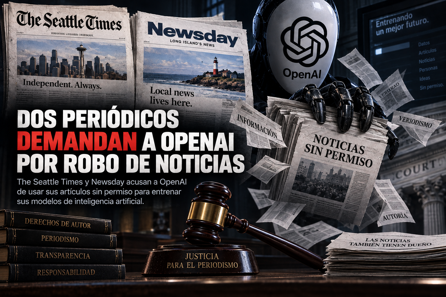 Ilustración sobre la demanda de periódicos contra OpenAI