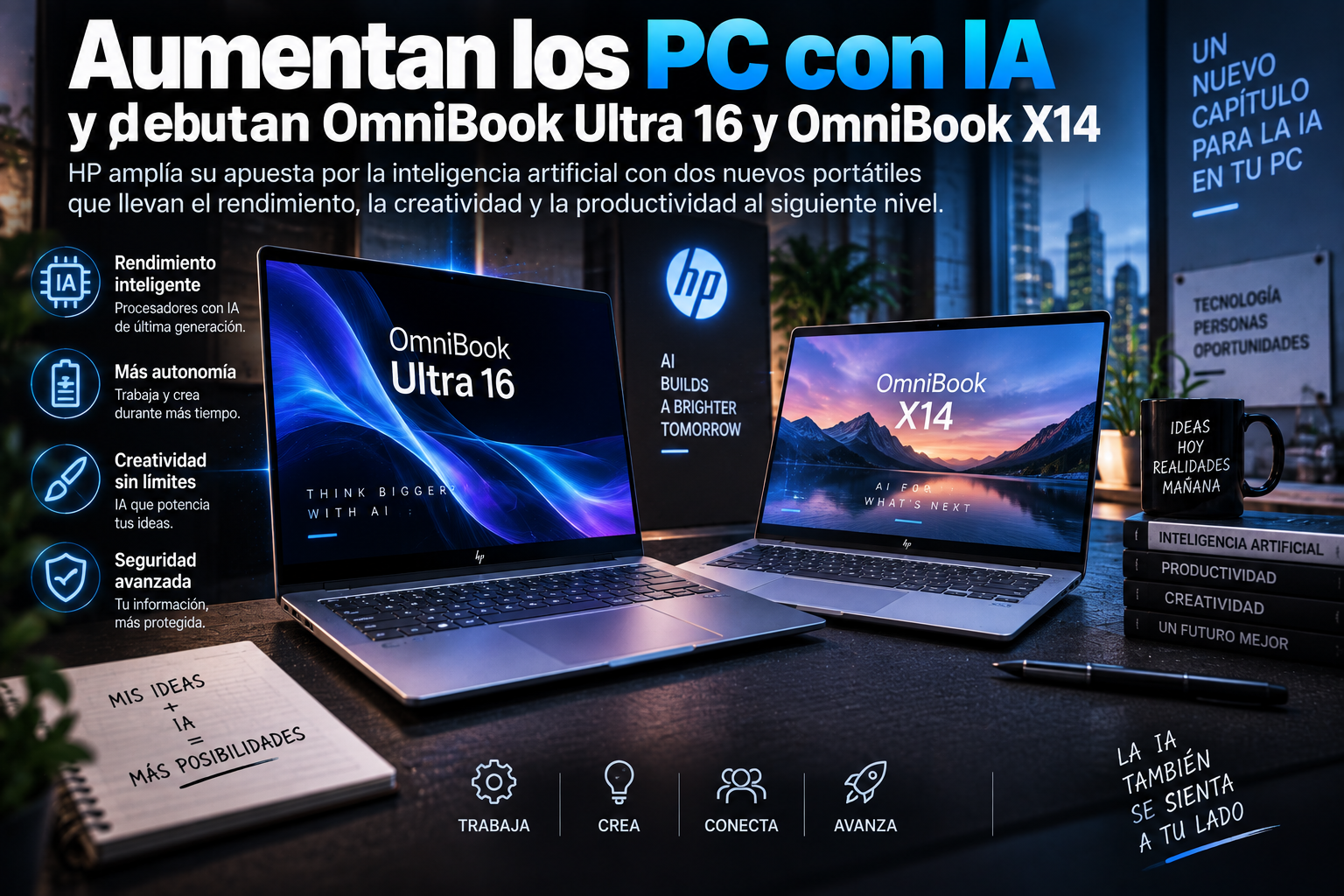Ilustración sobre PC con IA integrada de HP