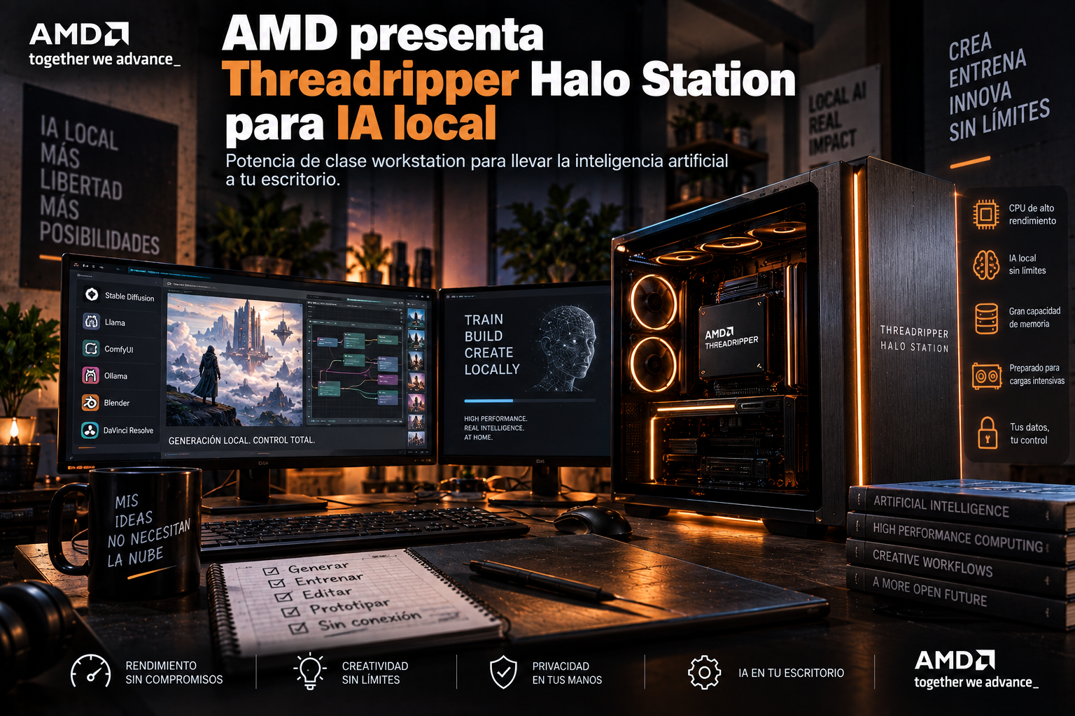 Ilustración sobre IA local y el hardware Threadripper de AMD