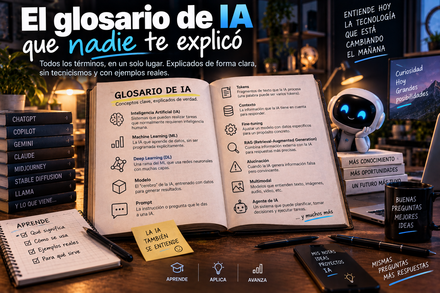 Ilustración con un glosario de términos técnicos de IA