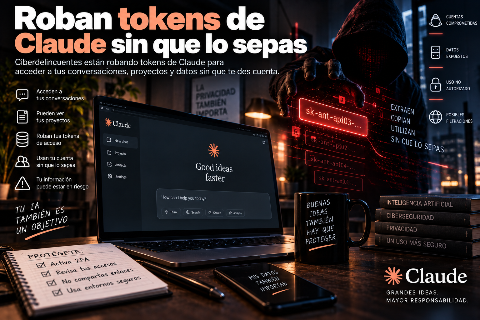 Ilustración sobre el robo de tokens de IA en cuentas de Claude