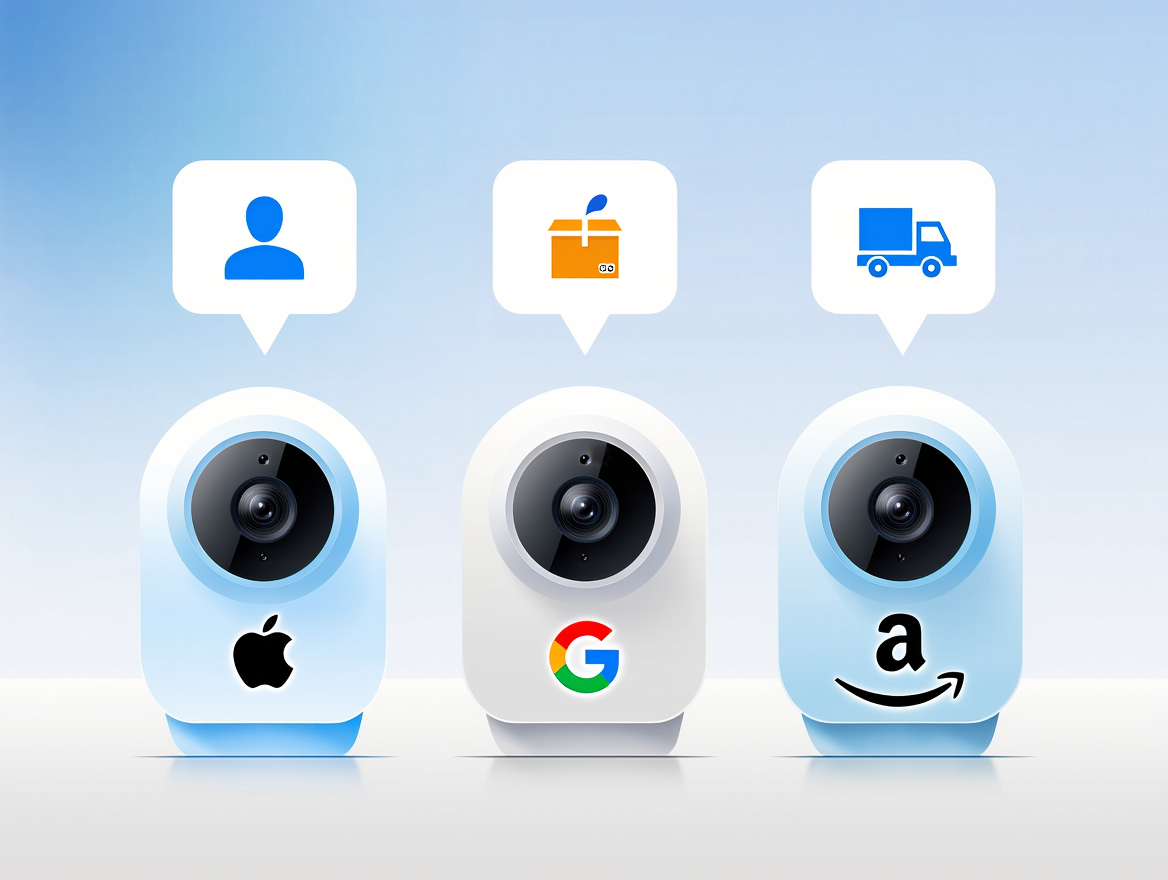 Ilustración sobre Apple, Google y Amazon vigilando tu casa con IA