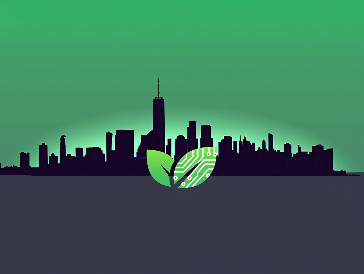 Ilustración sobre el debate de IA y clima en Nueva York