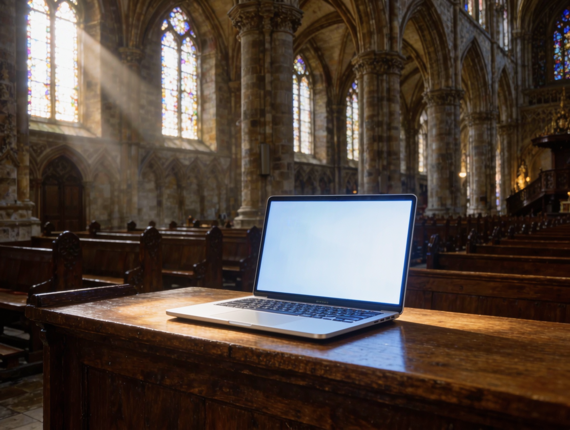 Interior de una catedral con un portátil sobre un banco de madera, contraste entre tecnología y espiritualidad