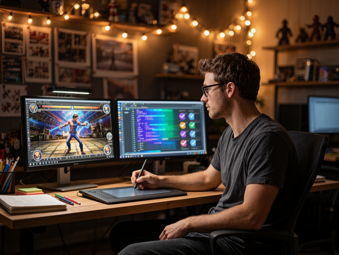 Estudio de videojuegos con un desarrollador animando un personaje a mano y otra pantalla con comprobaciones automáticas