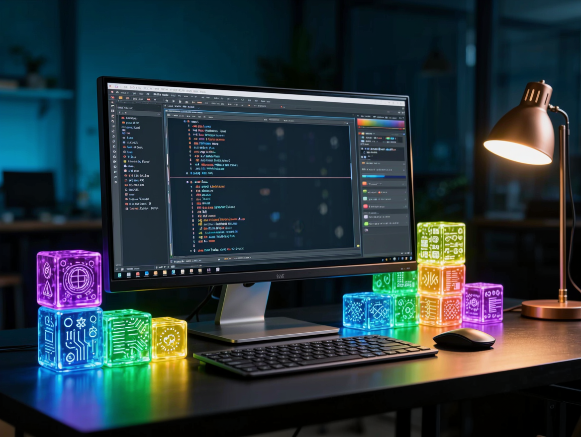 Escritorio de desarrollador con terminal oscura y bloques modulares encajando en un editor, simbolizando los mods de Claude Code