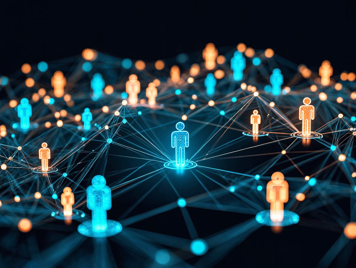 Red luminosa de nodos interconectados, agentes de IA y personas, que representa una inteligencia simbiótica colectiva