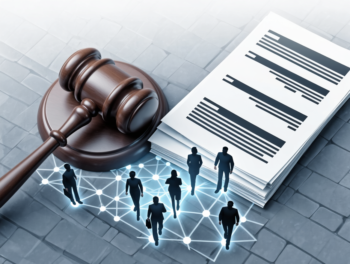 Mazo judicial junto a documentos censurados y una red de datos, ilustración sobre la demanda por registros de observadores