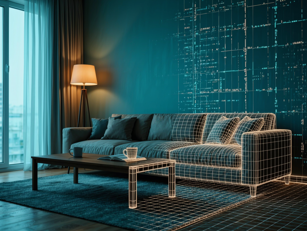 Una habitación fotografiada a la izquierda y reconstruida como modelo 3D de líneas de código a la derecha