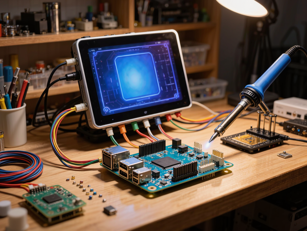 Banco de trabajo con placa ESP32, Raspberry Pi y componentes electrónicos para construir gadgets de IA