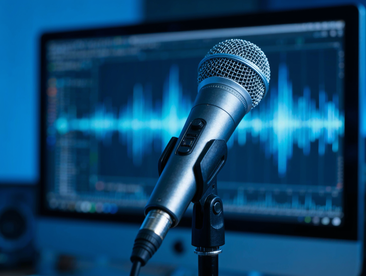 Micrófono de estudio con una onda de sonido que se convierte en líneas de texto, transcripción de voz en tiempo real