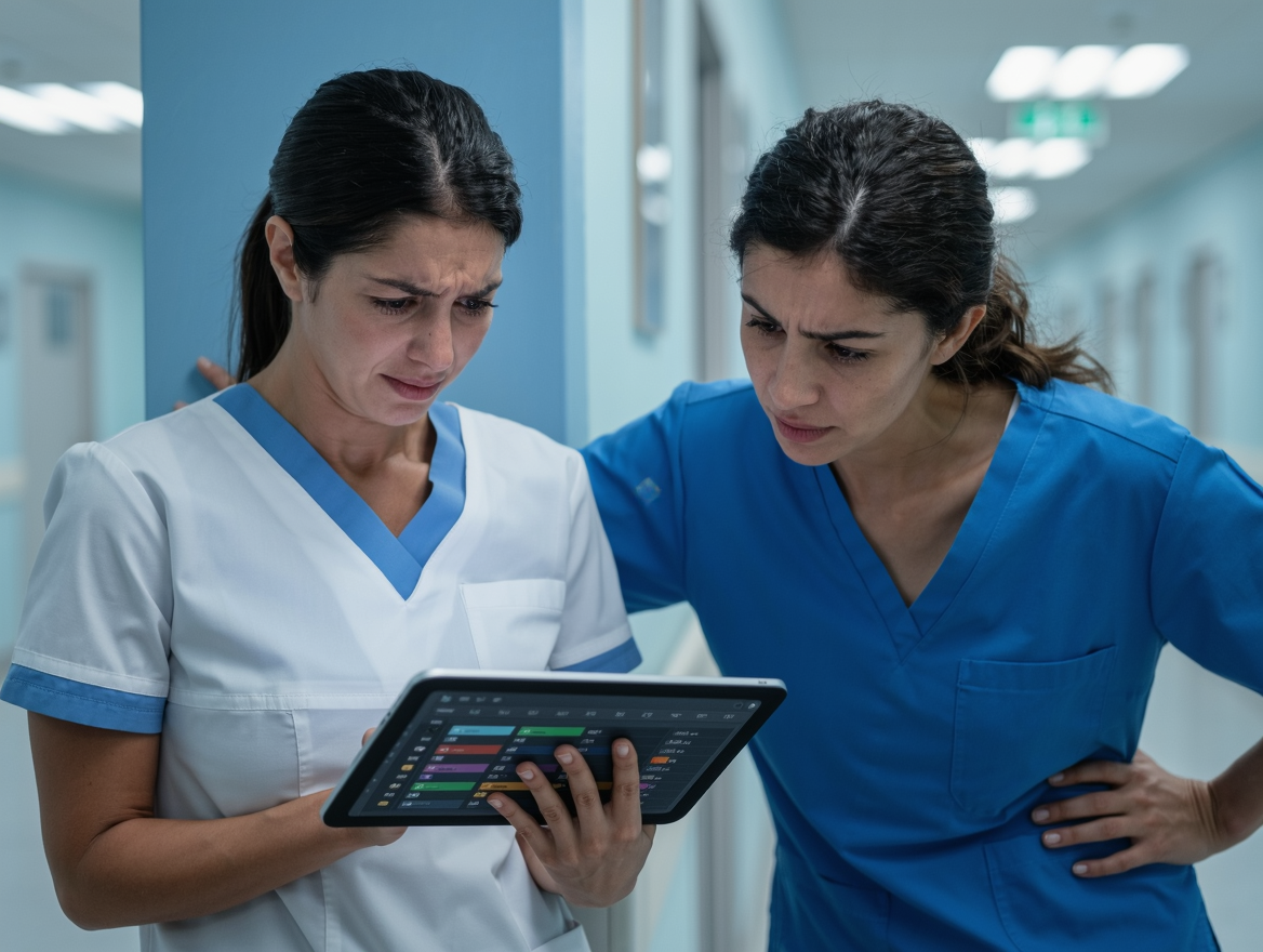 Enfermeras revisando un horario digital conflictivo en un pasillo de hospital
