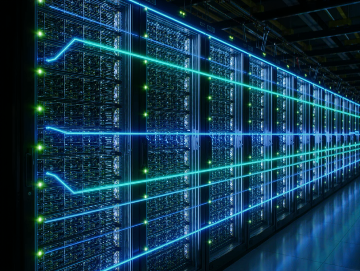 Rack de servidores con GPU y flujos de datos luminosos, servicio de inferencia de modelos abiertos