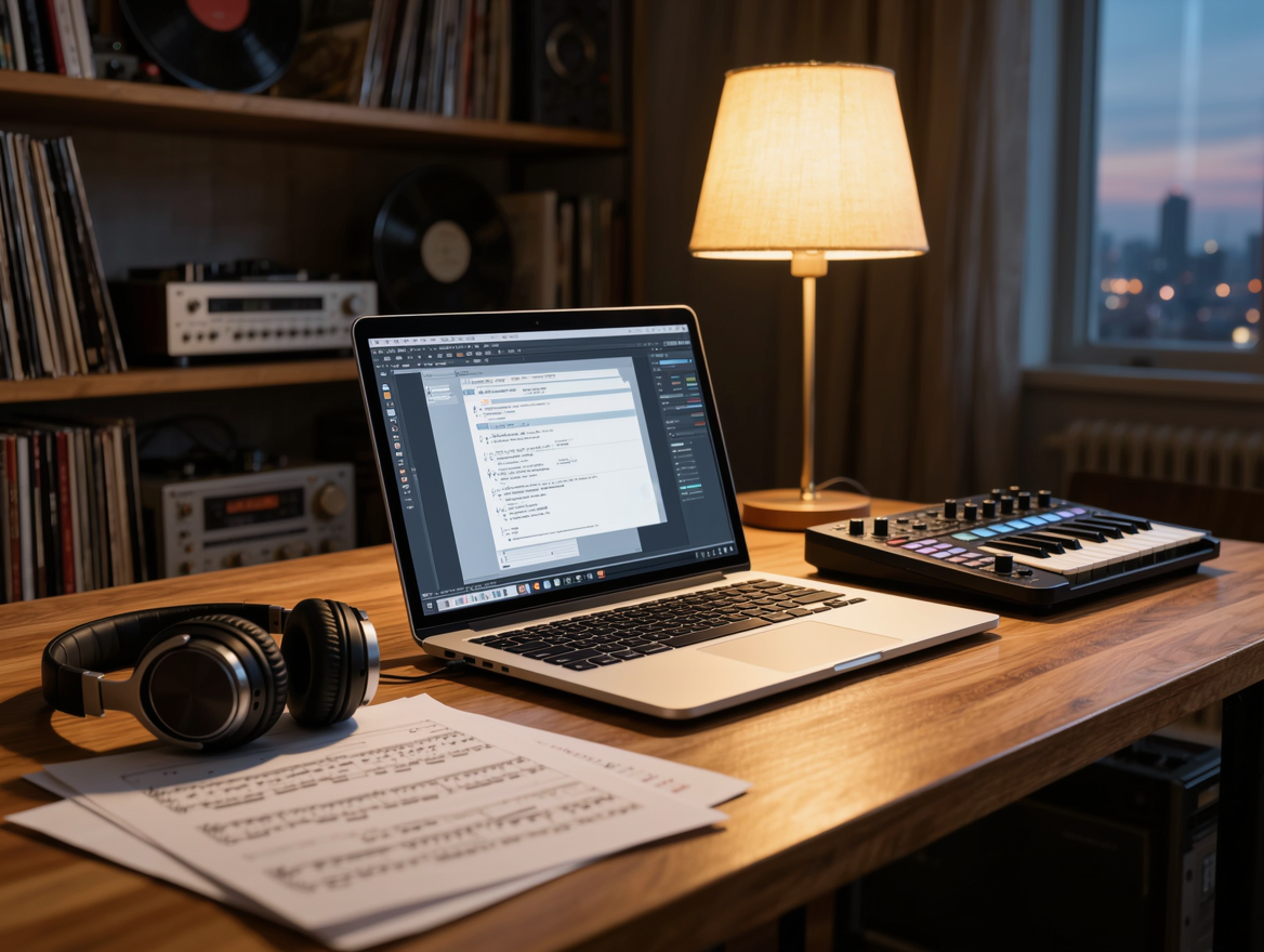 Estudio de producción musical con un portátil abierto en un correo, auriculares y teclado MIDI