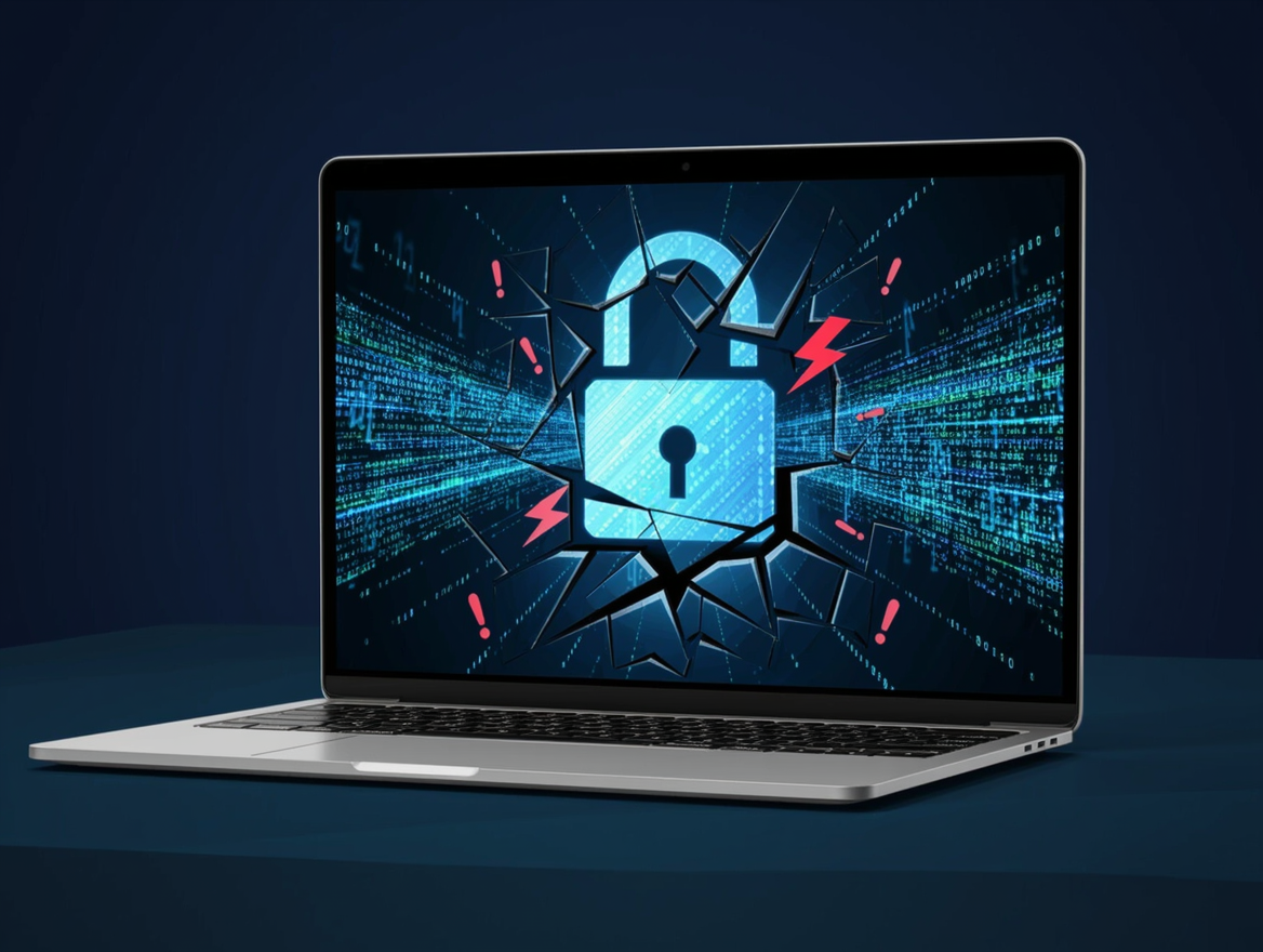 Candado digital agrietado sobre una pantalla de MacBook, símbolo de vulnerabilidad de seguridad